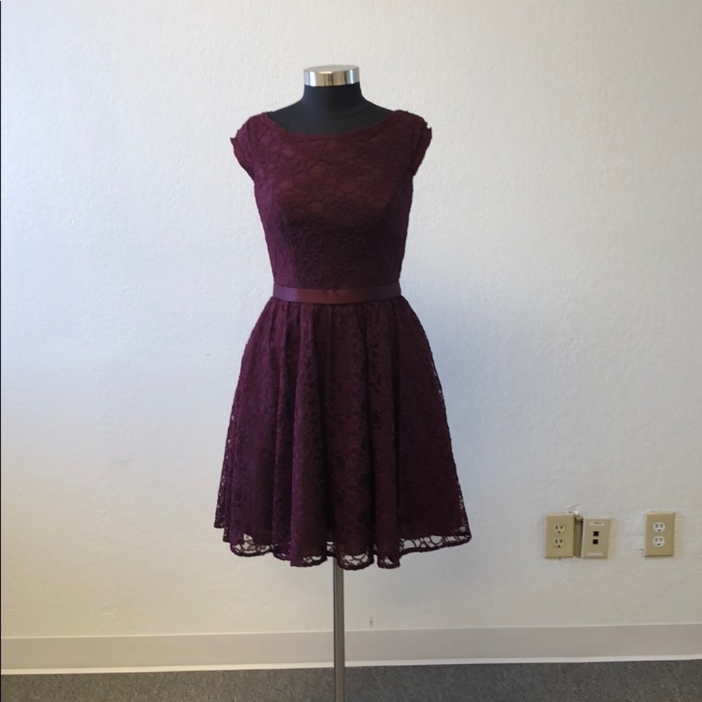 Burgundy maroon short full lace bridesmaid dress